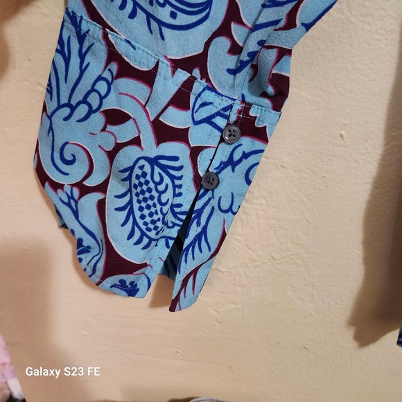 J Crew Womens Med Silk Tunic Top  Aqua Paisley Print Band Collar Long Sleeves - Picture 5 of 8